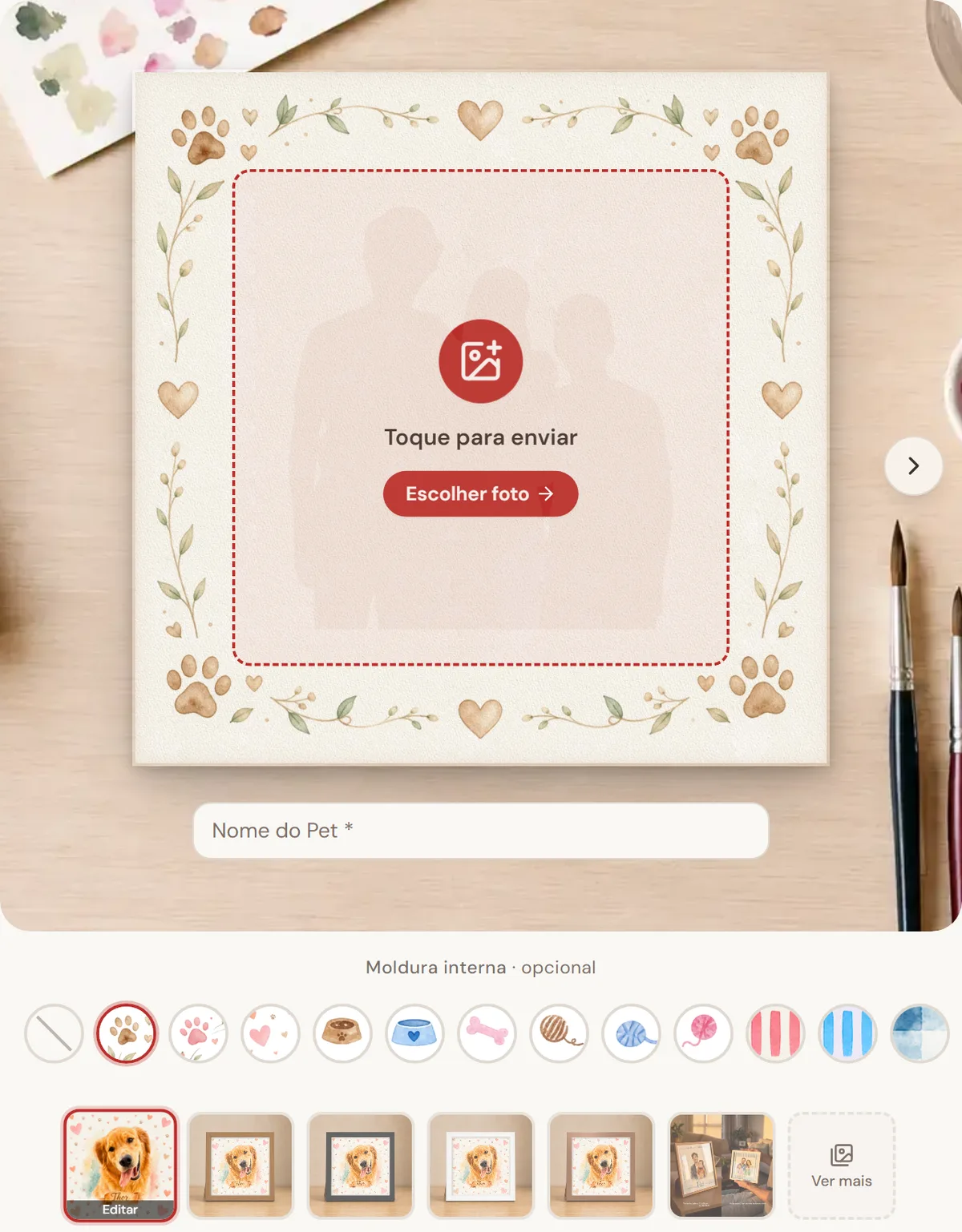 The Recordario live preview canvas: a square fine-art paper composition with a decorative watercolour border and a drop zone reading "tap to upload", a pet-name field, a strip of thirteen in-canvas frame options and a row of physical frame choices below it.