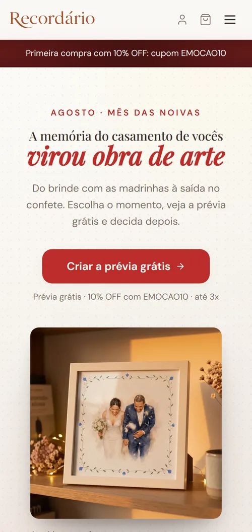 The Recordario home page on an Android phone: a seasonal eyebrow, the headline "your wedding memory became a work of art", a free-preview call to action, and a photograph of a framed watercolour standing on a shelf.