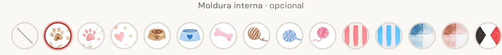 The in-canvas frame selector: a horizontal strip of seventeen small circular options showing paw prints, hearts, bowls, bones, balls of yarn and coloured stripes, the second one selected.