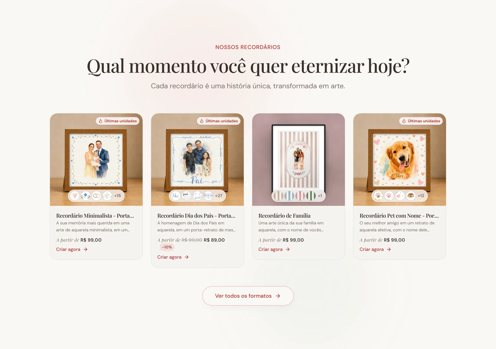 Four finished Recordario products photographed as physical objects: framed watercolour portraits of a family, a father and children, a family in a striped mount, and a golden retriever with its name painted below it.