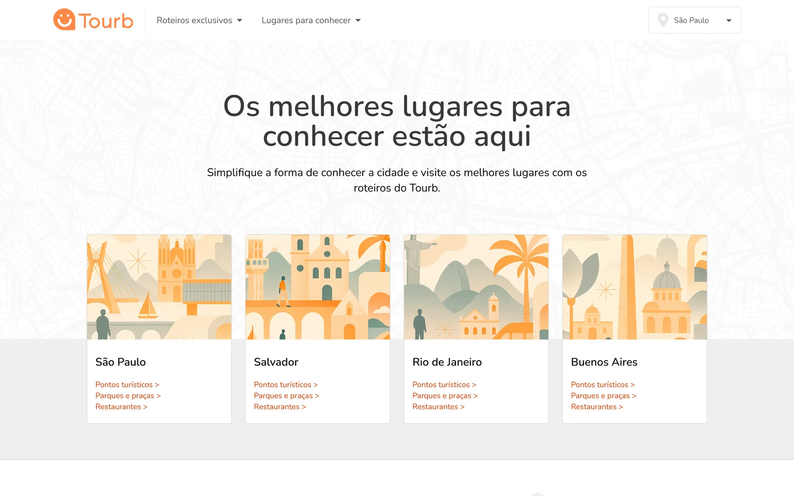 The previous Tourb home page: a soft, generic layout headlined "Os melhores lugares para conhecer estao aqui" over four flat stock-style city illustrations.