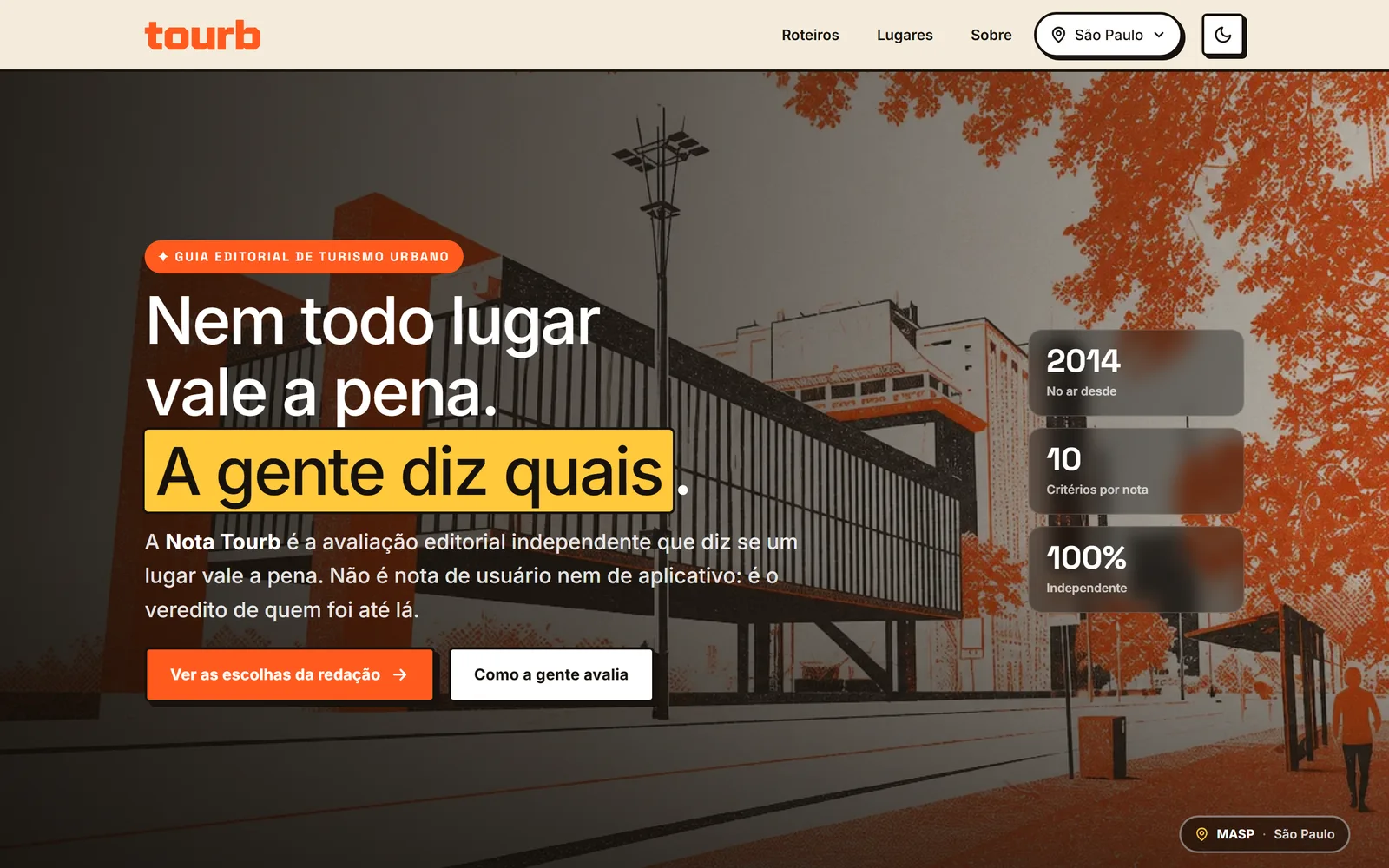 Tourb home page after the redesign: the headline reads "Nem todo lugar vale a pena. A gente diz quais" over a two-ink risograph illustration of the MASP building.