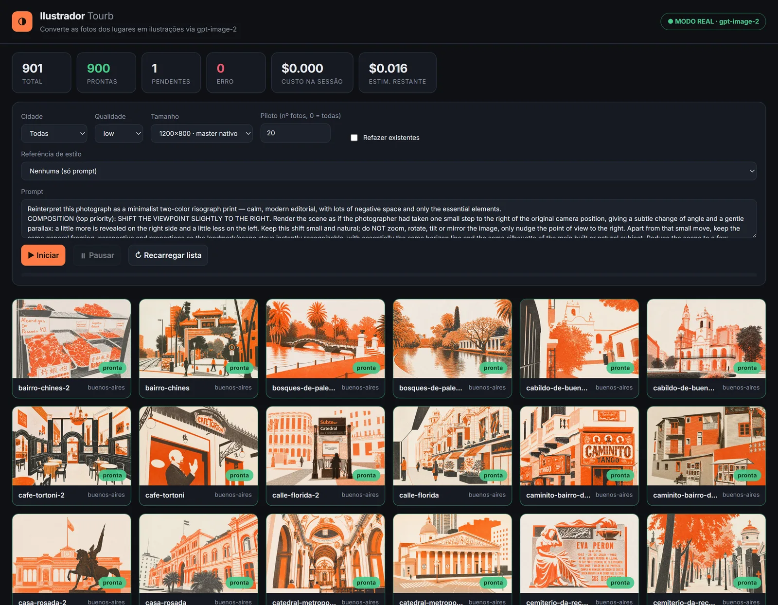 The in-house illustrator dashboard: counters reading 901 total, 900 done, 1 pending, 0 errors, a running cost figure, batch controls for city, quality, size and pilot count, the reinterpretation prompt, and a grid of generated two-ink risograph illustrations.