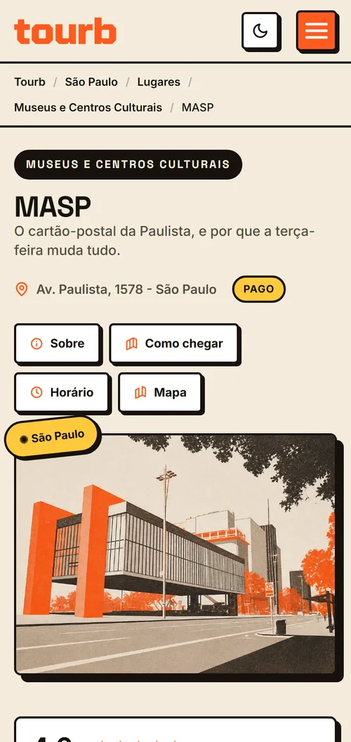 A Tourb place page on an Android phone: chunky black-bordered buttons on cream, breadcrumb navigation, and a risograph illustration of the MASP.